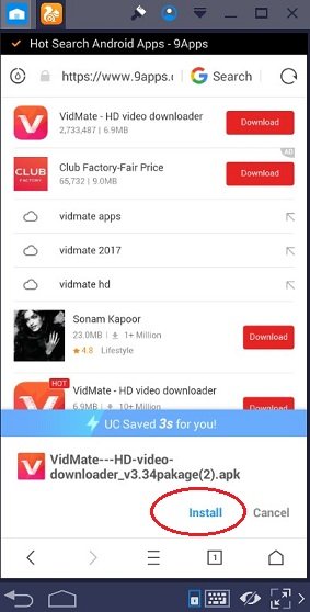 Popup to install vidmate