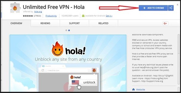 Hola VPN for PC chrome extension