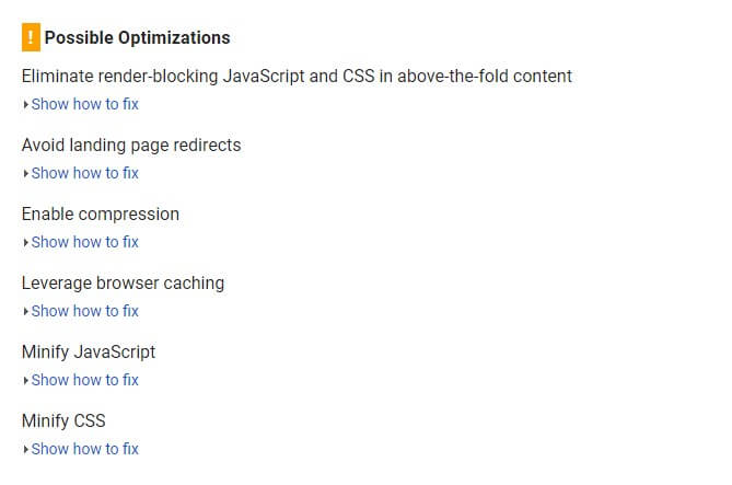 Possible Optimizations options in google page speed insights