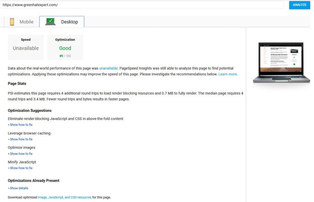 desktop report on pagespeed insights