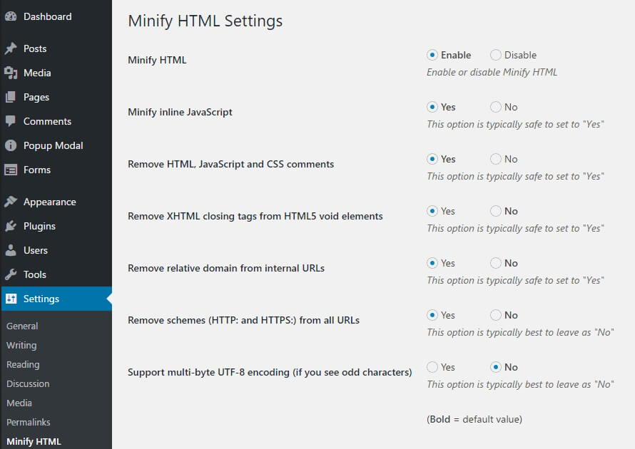 minify html plugin settings