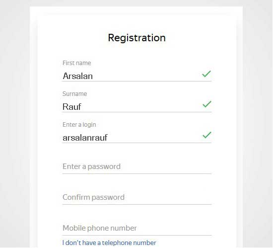 Create an Account at Yandex