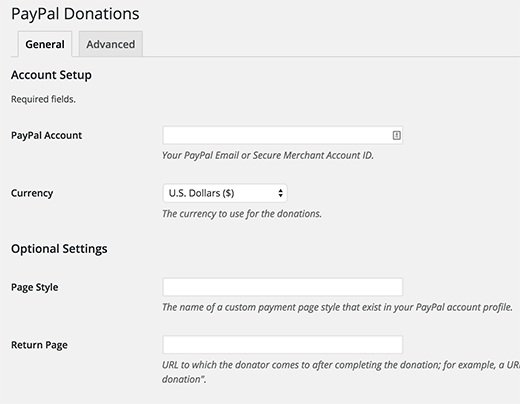 pay pal donations settings