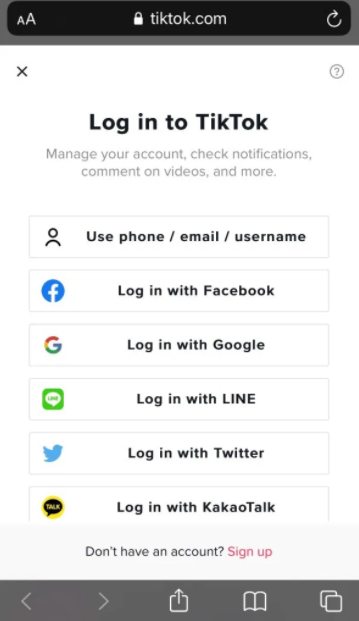 log in to existing tiktok account