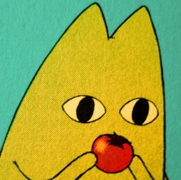 Cartoon cat eating a tomato