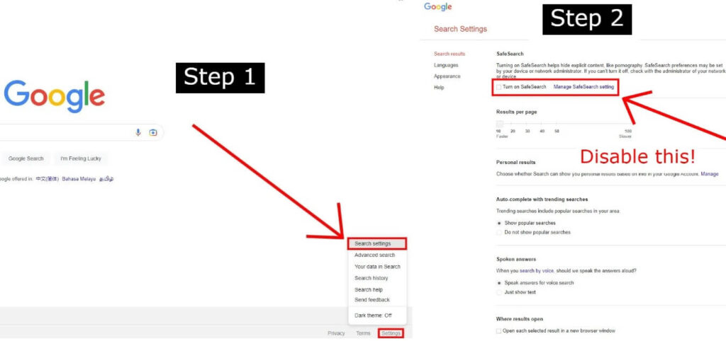 turn off google safe search 1
