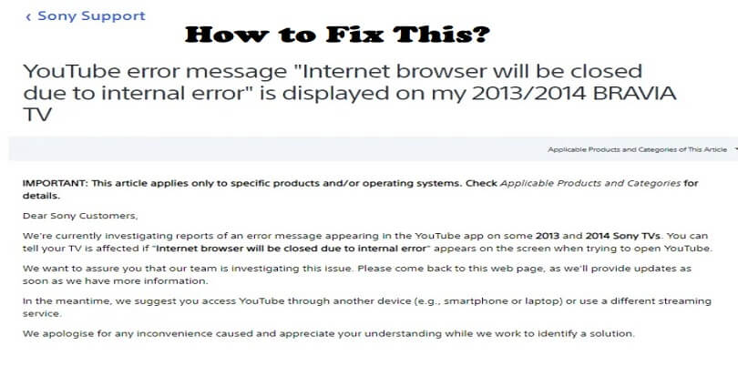 Internet browser will be closed due to internal error on Sony Bravia TV