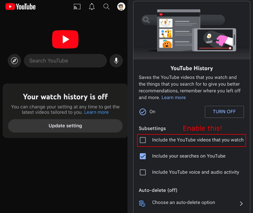 your watch history is off youtube
